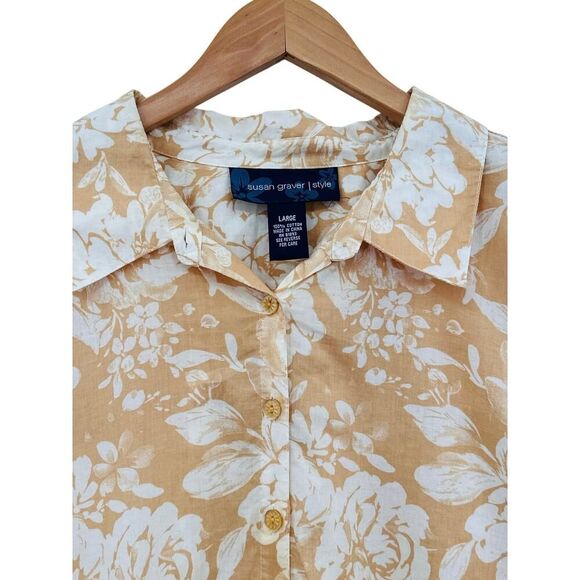 Susan Graver Style 100% Cotton Cream Floral Button Down Blouse Shirt Size Large - Picture 7 of 8